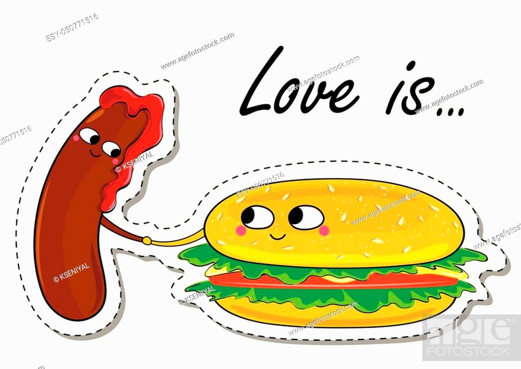 Love Is... Sausage and Burger In Love Sticker. Cute Cartoon Food emoticon  Vector illustration, Stock Vector, Vector And Low Budget Royalty Free  Image. Pic. ESY-050771516 | agefotostock