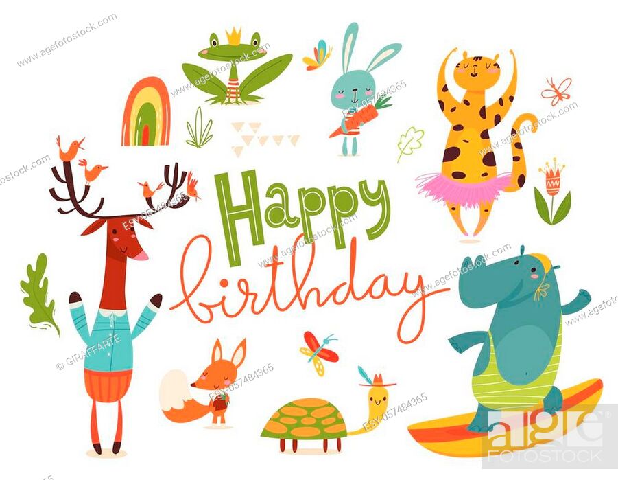 Happy birthday card with wild animals. Cute funny happy animals characters,  Stock Vector, Vector And Low Budget Royalty Free Image. Pic. ESY-057484365  | agefotostock