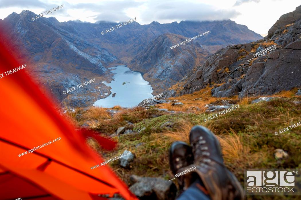 Stock Photo: Wild camping on the top of Sgurr Na Stri looking towards Loch Coruisk and the main Cuillin ridge, Isle of Skye, Inner Hebrides, Scotland, United Kingdom, Europe.
