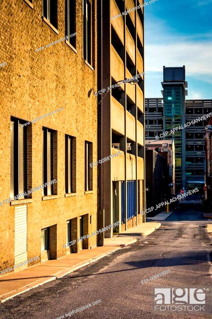 Stock Photo: Alley and parking garages in downtown Harrisburg, Pennsylvania.