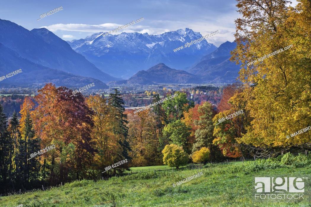Stock Photo: Autumn landscape above the Murnauer moss with Zugspitze group near Hagen, district of Murnau, The Blue Land, Upper Bavaria, Bavaria, Germany, Europe.