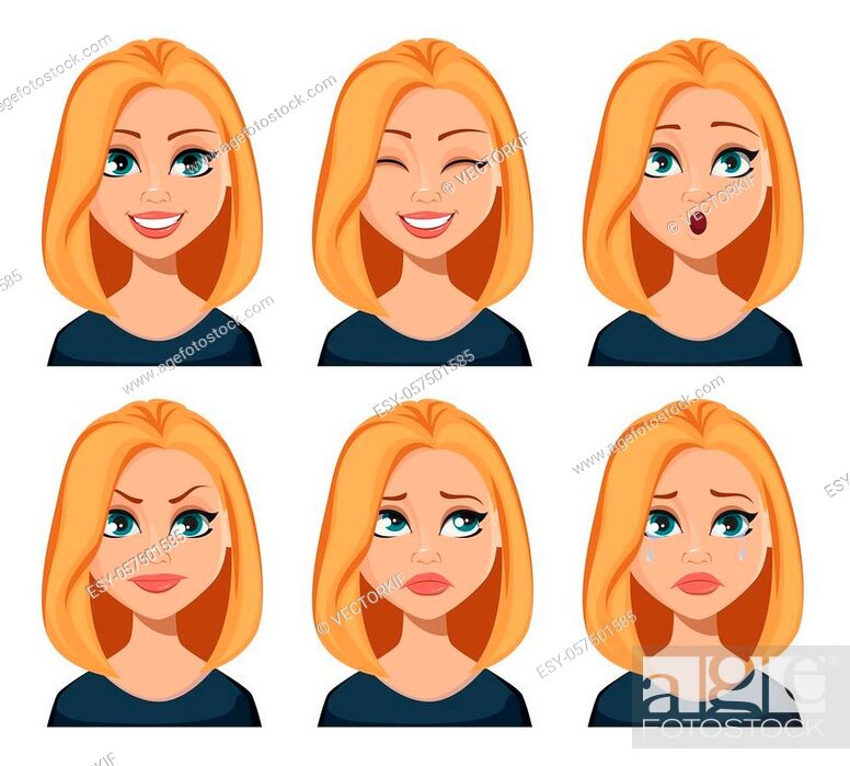Face expressions of woman with blond hair. Different female emotions set,  Stock Vector, Vector And Low Budget Royalty Free Image. Pic. ESY-057501585  | agefotostock