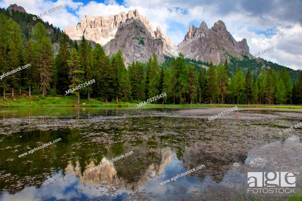 Stock Photo: reflection, summer, Lago Antorno, Cadini mountains, alps, Dolomites, Italy.