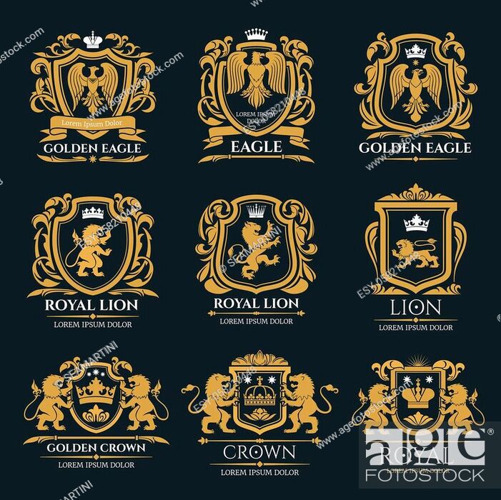Heraldic lion and eagle shield badges. Medieval mythical animals and birds  golden symbols, Stock Vector, Vector And Low Budget Royalty Free Image.  Pic. ESY-058210448 | agefotostock