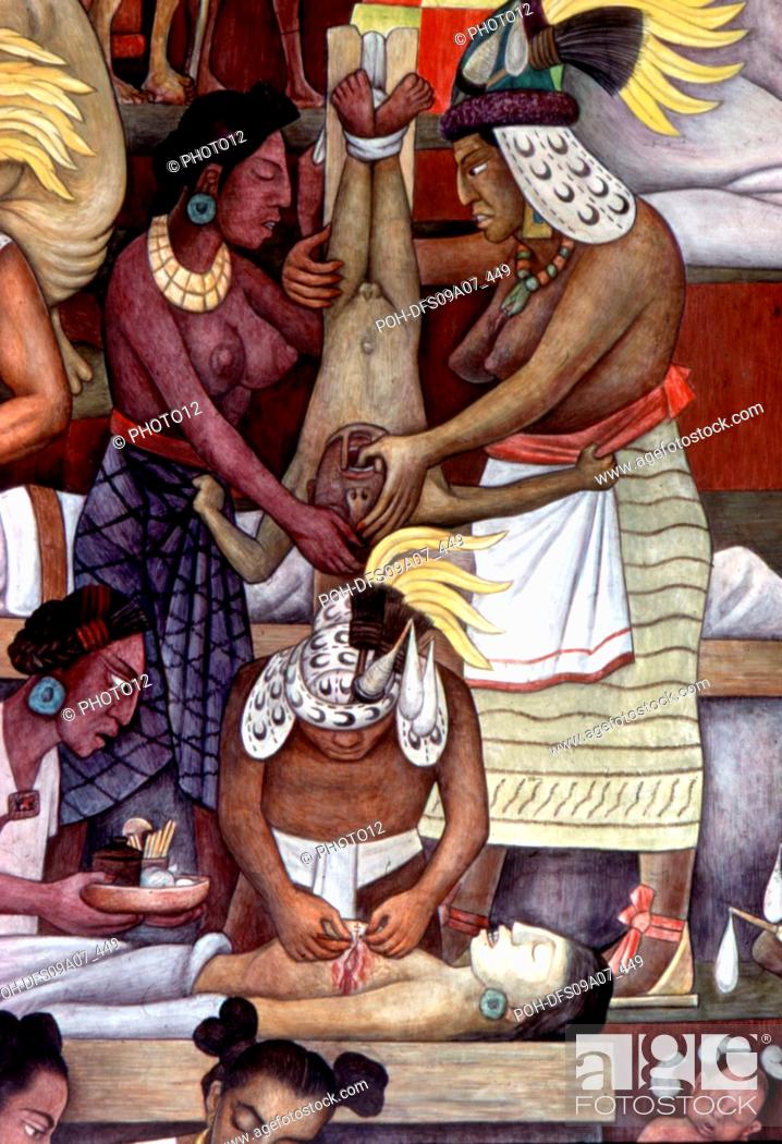 Stock Photo: Diego Rivera (1886-1957) Fresco of the ministry of Social Security Aztec medicine and modern medicine Detail: Aztec medicine 1925-1927 Mexico Lamarche.