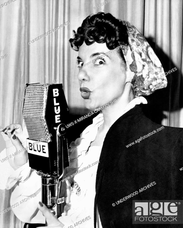 Stock Photo: New York, New York: January 14, 1945.Carmen Miranda appearing on the BLUE Radio Network with Jimy Durante and Arthur Treacher.