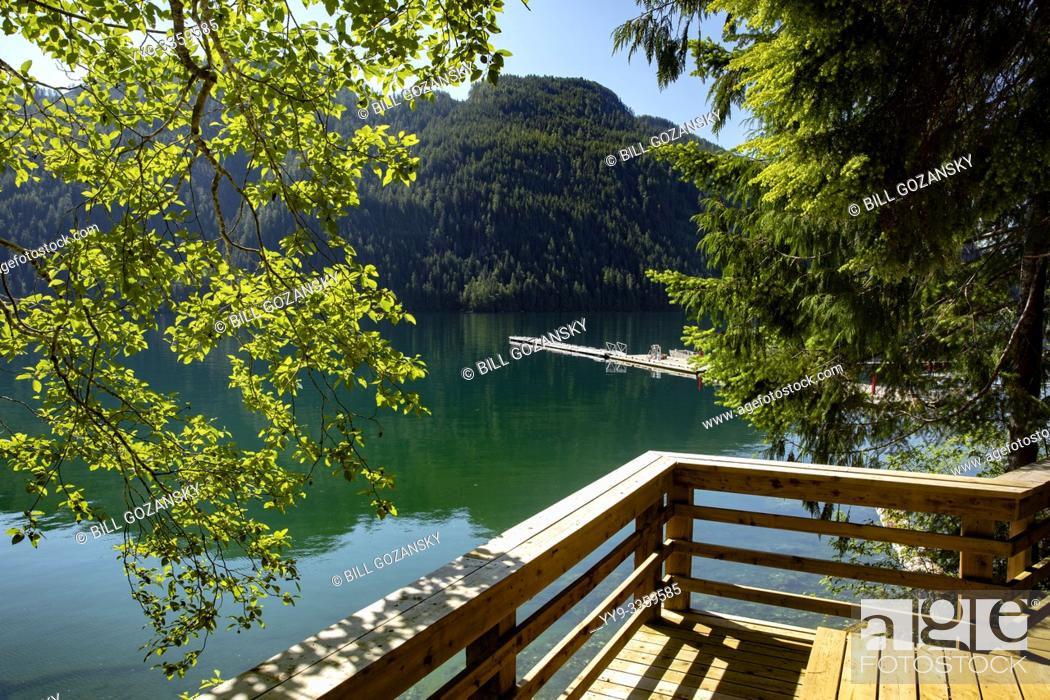 Stock Photo: View from boardwalk at Moutcha Bay Resort and Marina - Tahsis, Vancouver Island, British Columbia, Canada.