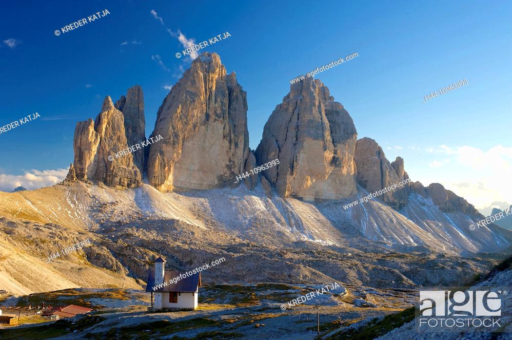 Stock Photo: Italy, Europe, Three merlons, battlement, three peaks of Lavaredo, Le Tre Cime, Le Tre Cime di Lavaredo, Trentino, South Tirol, South Tyrol, outside.