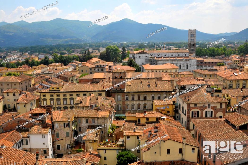 Stock Photo: View from Torre Guinigi Tower Lucca Italy Tuscany Europe Mediterranean.