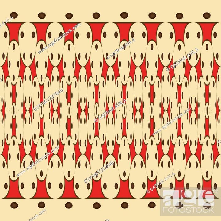 Vector: Pattern of brown dots and red abstract shapes on a tan background.