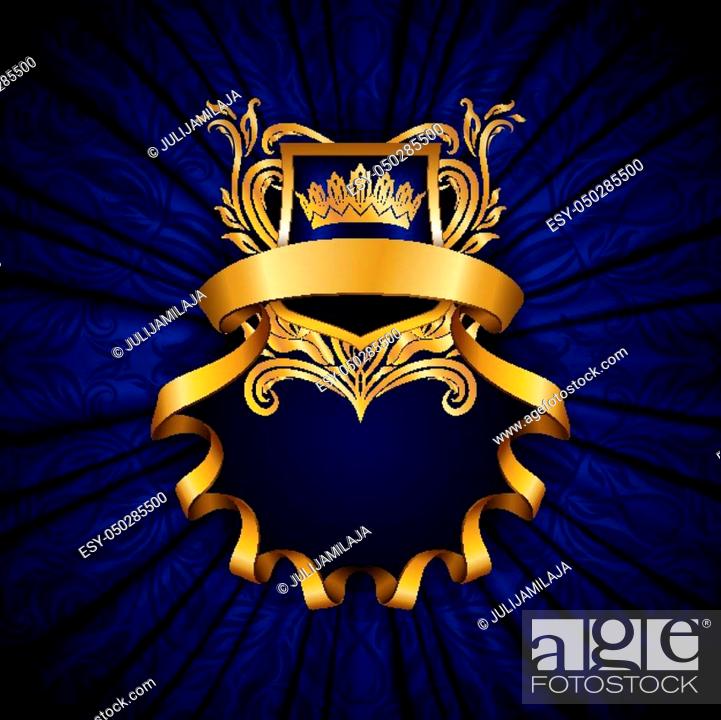 Stock Vector: Elegant golden frame with floral elements, filigree ornament, gold crown, shield, ribbon, place for text on violet drapery fabric.