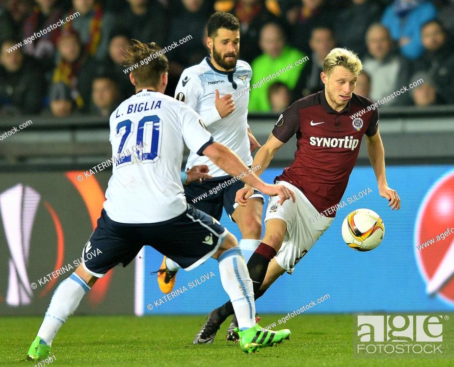 Stock Photo: From left: Lucas Biglia and Antonio Candreva of Lazio and Ladislav Krejci of Sparta in action during the European Football League group of sixteen opening match.