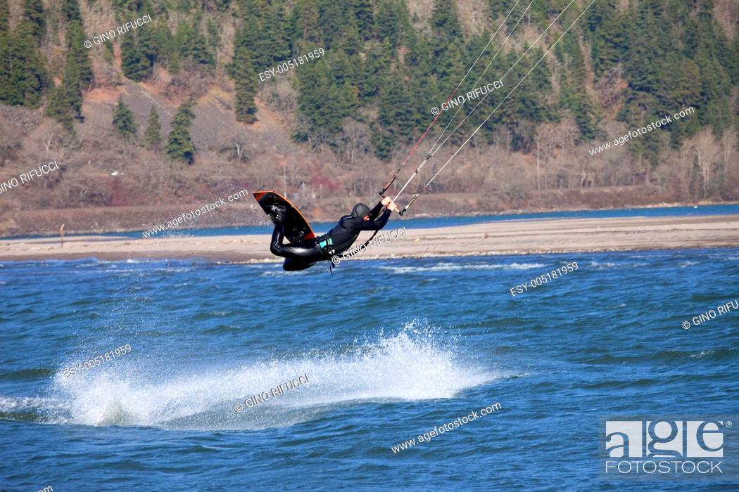 Stock Photo: Wind surfer riding the wind, Hood river OR.