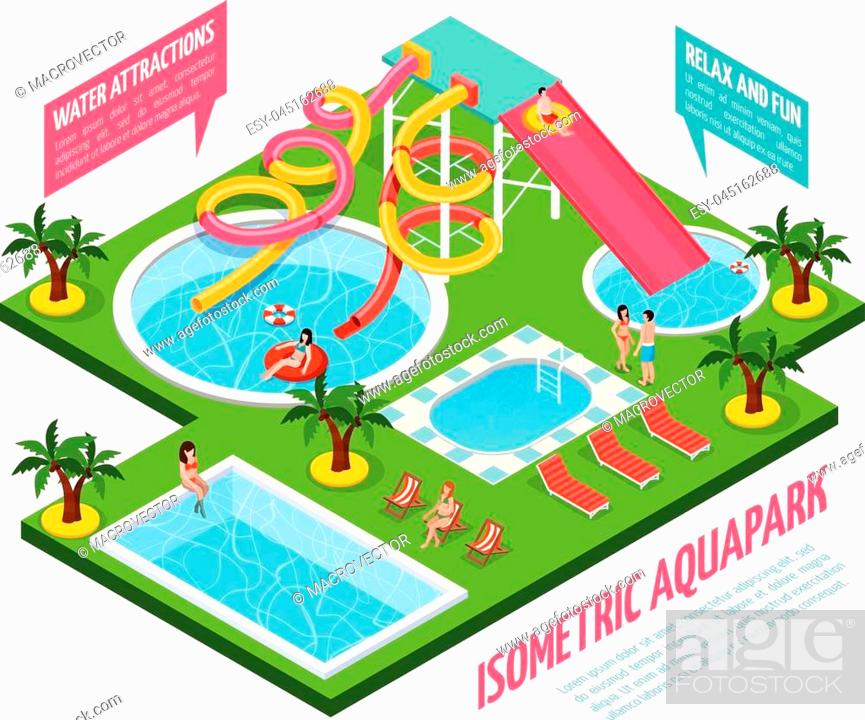 Stock Vector: Colored aquapark isometric composition with water attractions relax and fun pointers vector illustration.