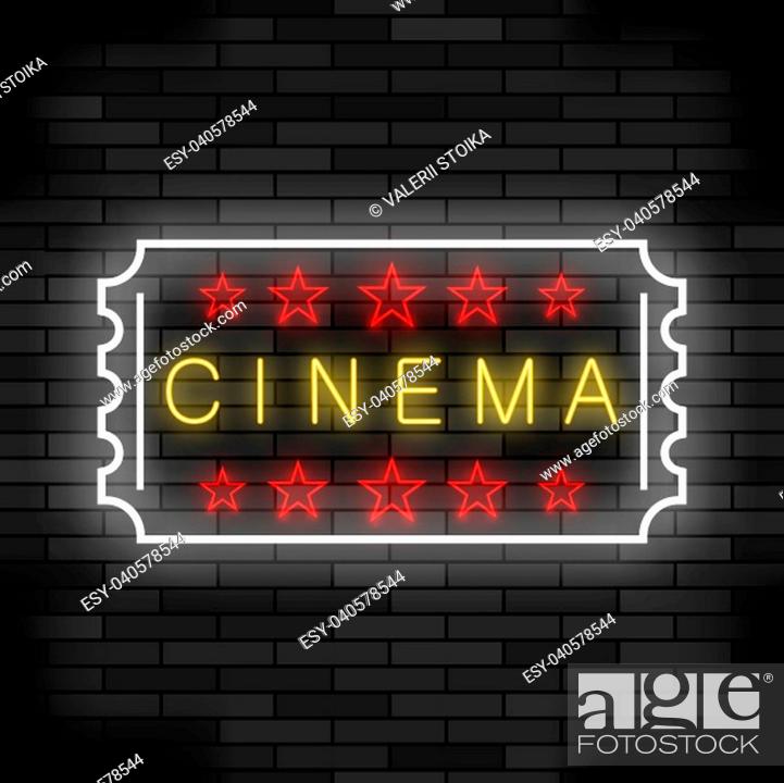 Vector: Cinema Light Neon Sign on Brick Background. Colored Signboard. Bright Street Banner.