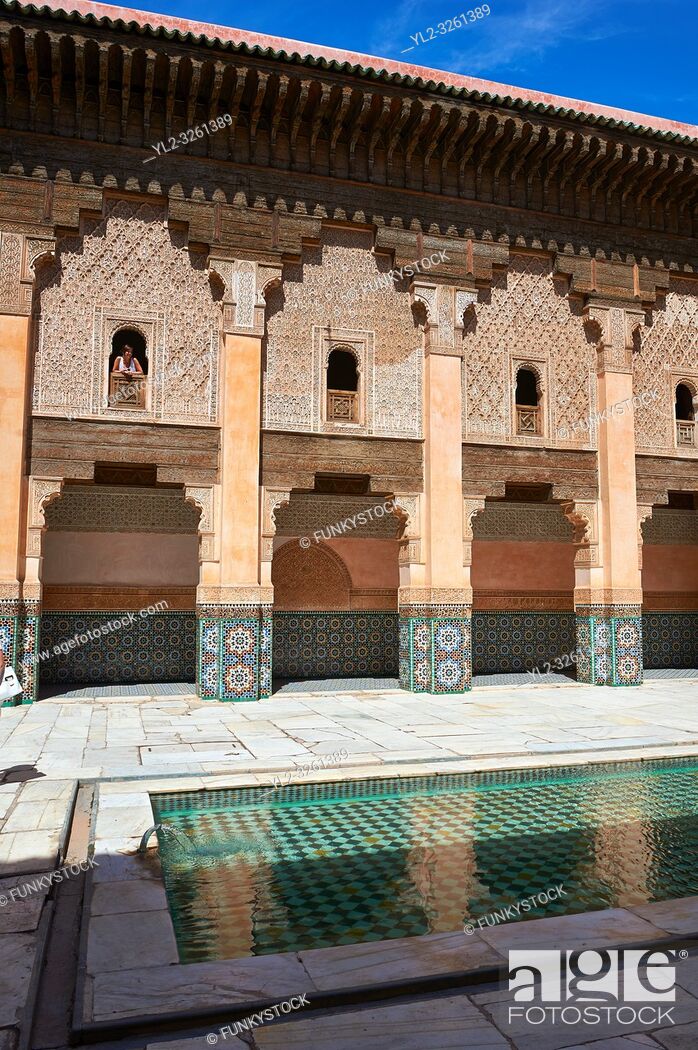 Stock Photo: Berber arabesque Morcabe plasterwork of the 14th century Ben Youssef Madersa (Islamic college) re-constructed by the Saadian Sultan Abdallah al-Ghalib in 1564.