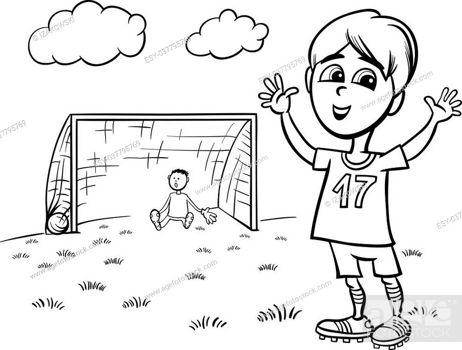 Black and White Cartoon Illustration of Cute Boy Playing Football or Soccer  for Coloring Book, Stock Vector, Vector And Low Budget Royalty Free Image.  Pic. ESY-037795769 | agefotostock
