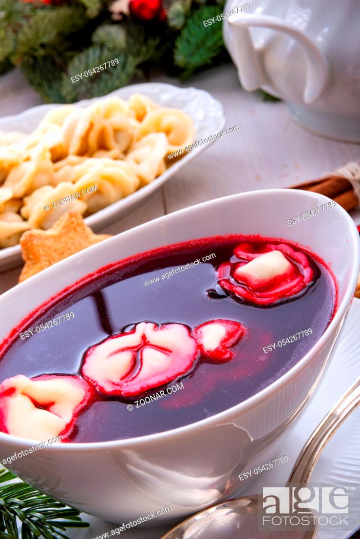 Stock Photo: red barszcz with uszka a polish christmas soup.