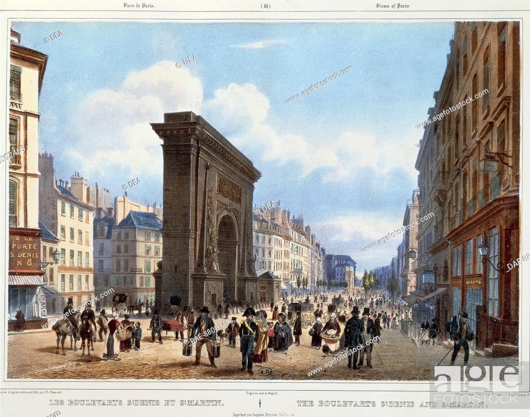 Stock Photo: France, 19th century. Paris, Boulevard Saint Denis and Saint Martin. In the centre Saint Martin Gate. Lithograph, 1840 ca.