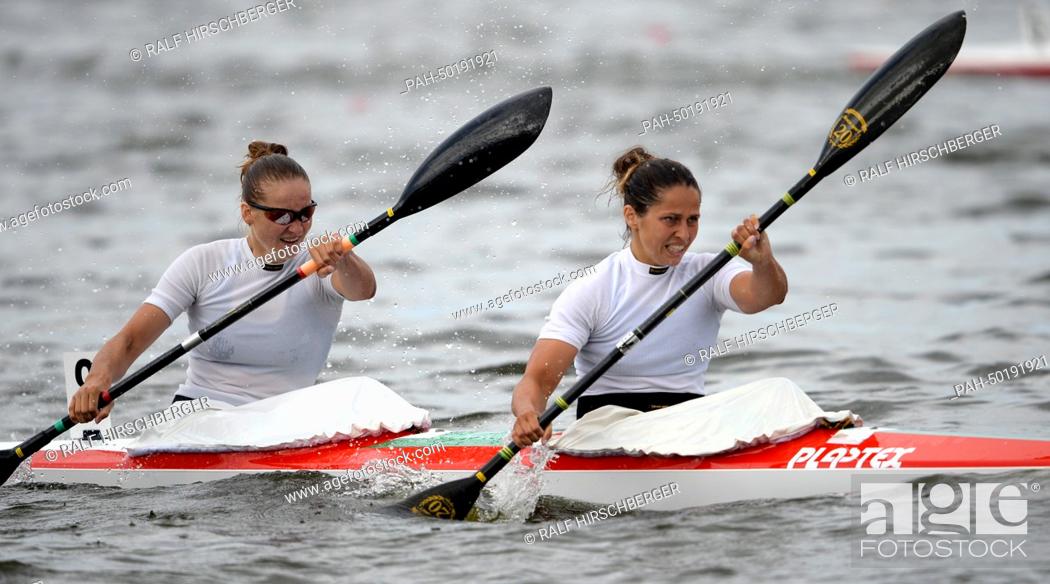 Stock Photo: Canoeists Sofiya Yurchanka and Aleksandra Grishina (R-L) of Bulgaria in action during the women's 1000 meters heat on Lake Beetzsee in Brandenburg and der Havel.