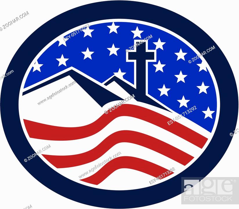 Stock Photo: Illustration of a cross on top of hill with American stars and stripes flag in background set inside oval shape done in retro style.