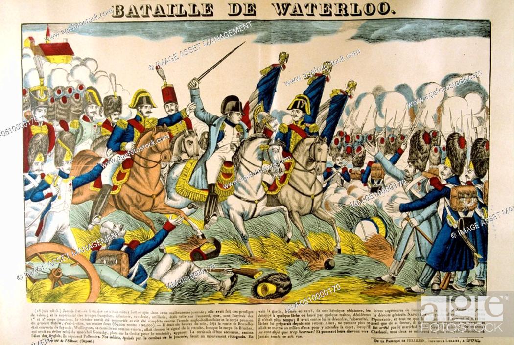 Stock Photo: Napoleon at the Battle of Waterloo, 18 June 1815. Popular French hand-coloured woodcut.