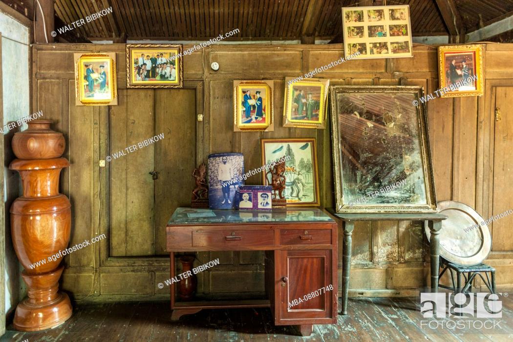 Stock Photo: Cambodia, Battambang, Wat Kor Village, Khor Sang House, interior of traditional Khmer wooden house built in 1907.
