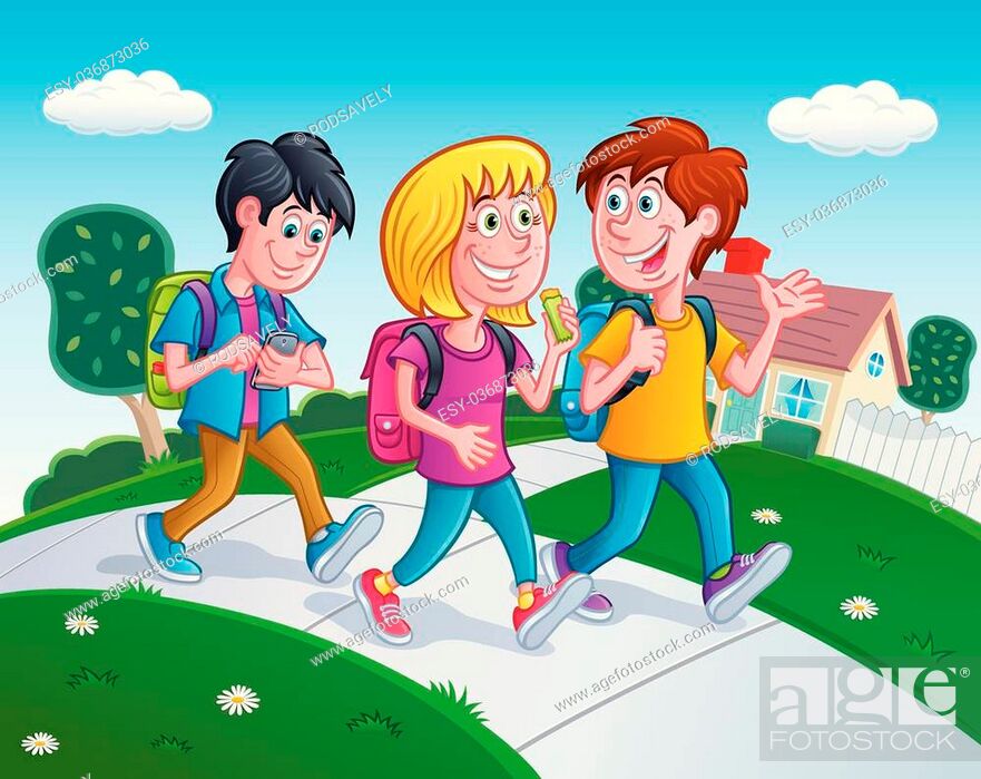 Cartoon illustration of three kids walking home from school with backpacks, one  girl and two boys, Stock Vector, Vector And Low Budget Royalty Free Image.  Pic. ESY-036873036 | agefotostock
