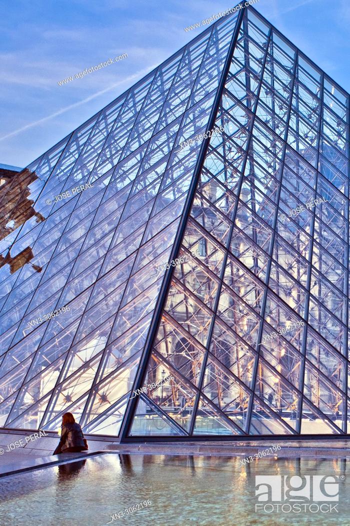 Stock Photo: Louvre Museum, Musee du Louvre, Glass Pyramid, by architect I M Pei, main courtyard Cour Napoleon, Louvre Palace, art museum, Paris, France, Europe.