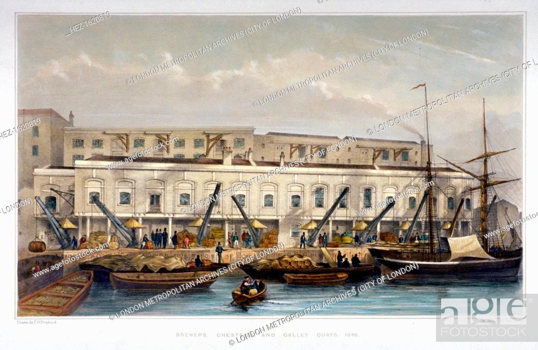 Stock Photo: Brewer's Quay, Chester Quay and Galley Quay, Lower Thames Street, City of London, 1841. View with figures and vessels on the water.
