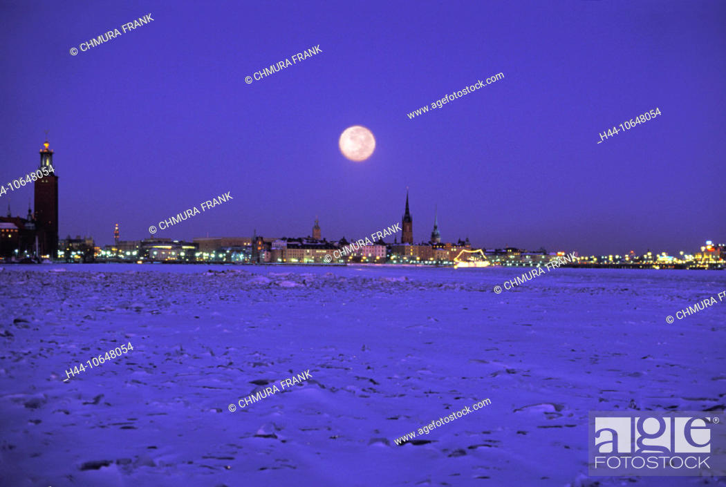 Stock Photo: 10648054, Old Town, ice, body of water, moon, night, at night, Riddarholmen, Sweden, Europe, town, city, Stockholm, full moon,.