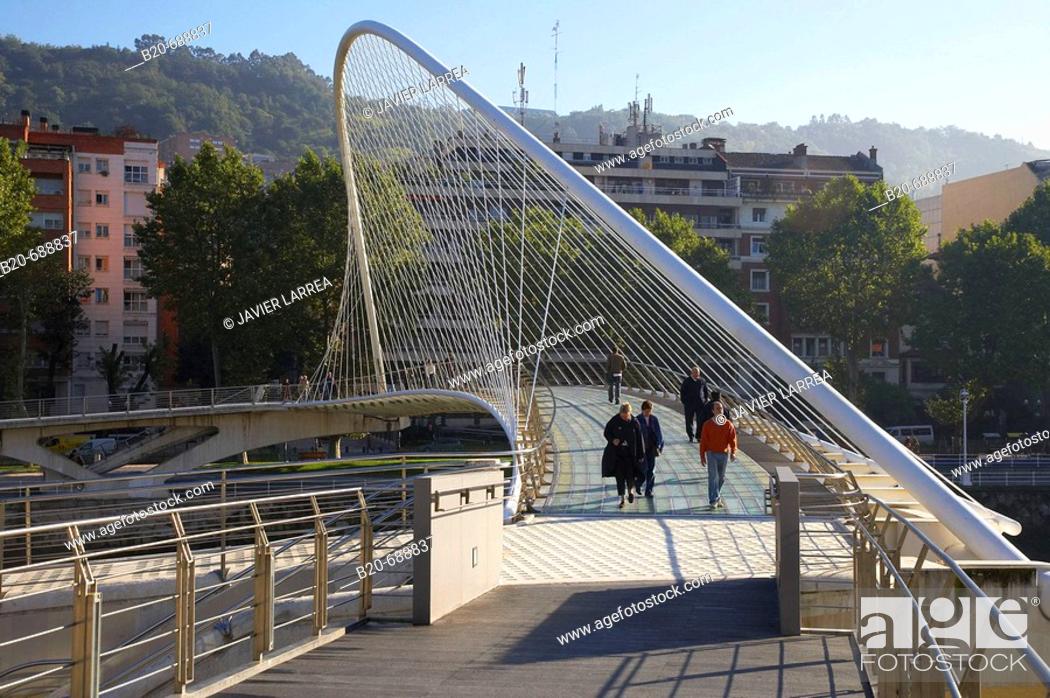 Stock Photo: Zubizuri bridge by Santiago Calatrava, Bilbao. Biscay, Euskadi, Spain.
