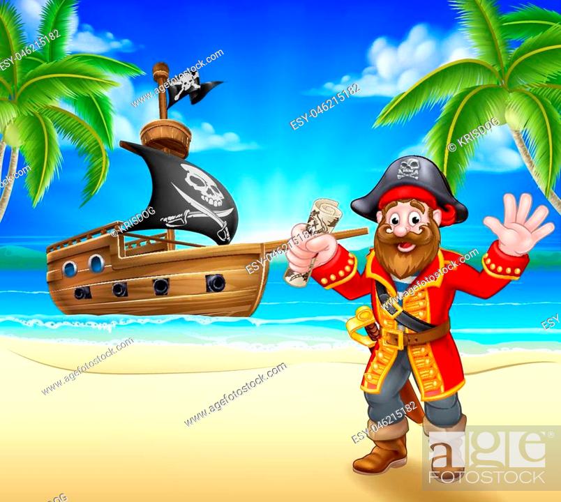 A cartoon pirate on a beach holding a treasure map with his ship in the  background, Stock Vector, Vector And Low Budget Royalty Free Image. Pic.  ESY-046215182 | agefotostock