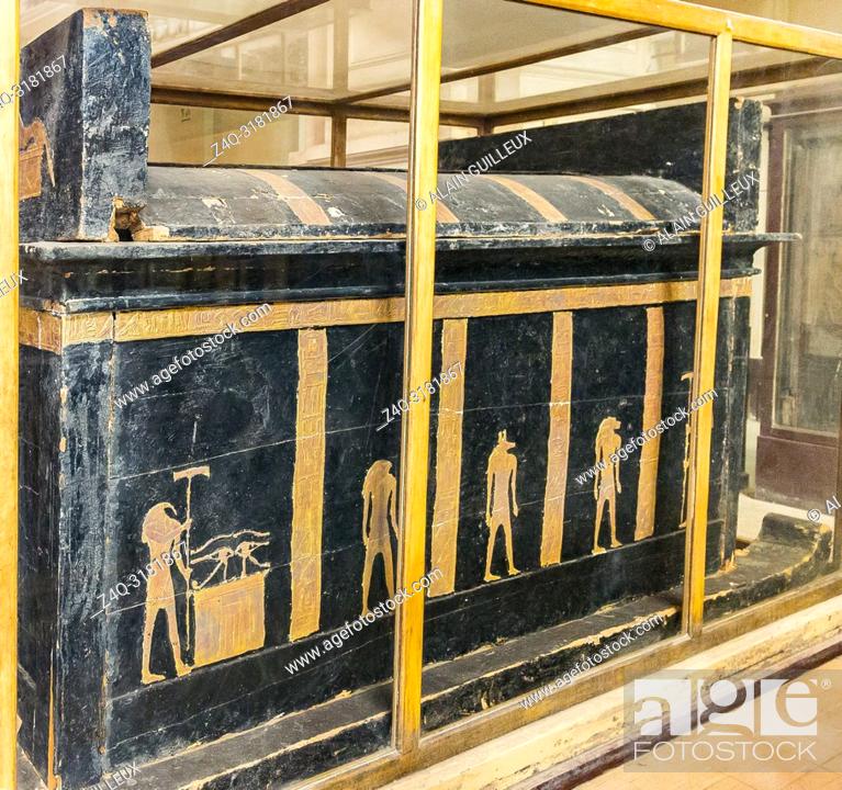 Stock Photo: Egypt, Cairo, Egyptian Museum, from the tomb of Yuya and Thuya in Luxor : Outer coffin of Yuya, canopy on sledge, wood. With figures of Thot, Anubis, Hapy.