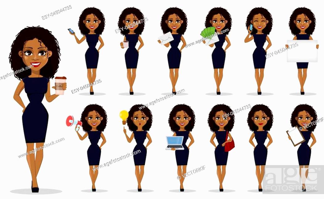 African American business woman cartoon character set. Young beautiful  businesswoman with dark hair..., Stock Vector, Vector And Low Budget  Royalty Free Image. Pic. ESY-045044735 | agefotostock