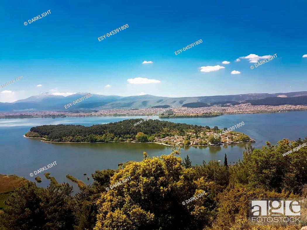Stock Photo: Ioannina or Giannena city, pamvotis lake, panorama spring time , greece.