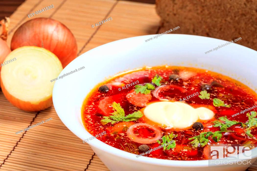 Stock Photo: Plate with ukrainian borscht on the table still life.