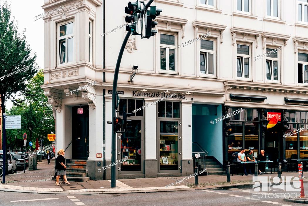 Stock Photo: Hamburg, Germany - August 4, 2019: Street view of St. Georg quarter. It is Hamburg?s gay neighborhood, known for its quirky design shops.