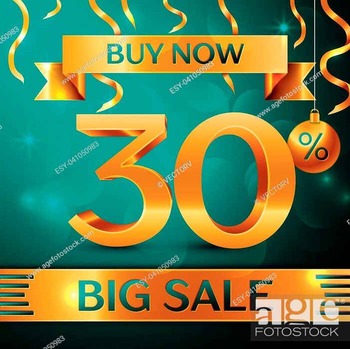Vecteur de stock: Realistic banner Merry Christmas with text Gold Big Sale buy now thirty percent for discount on green background. Confetti, christmas ball and gold ribbon.