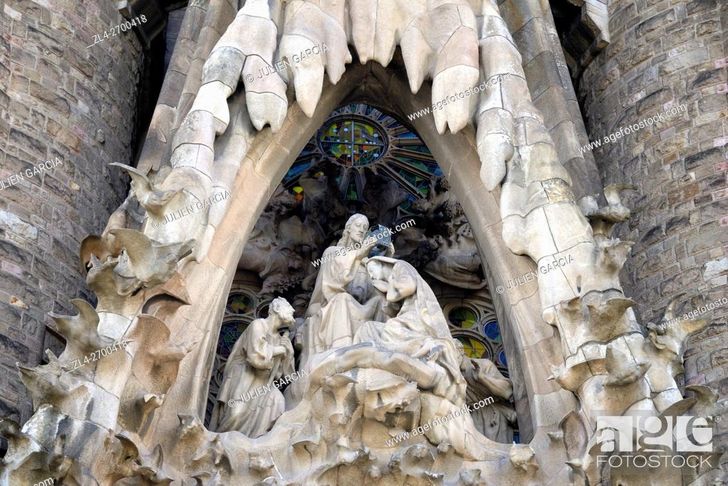 Stock Photo: Spain, Catalonia, Barcelona, Eixample, the Sagrada Familia Basilica whose construction started in 1882, designed by Catalan modernist architect Antoni Gaudi.