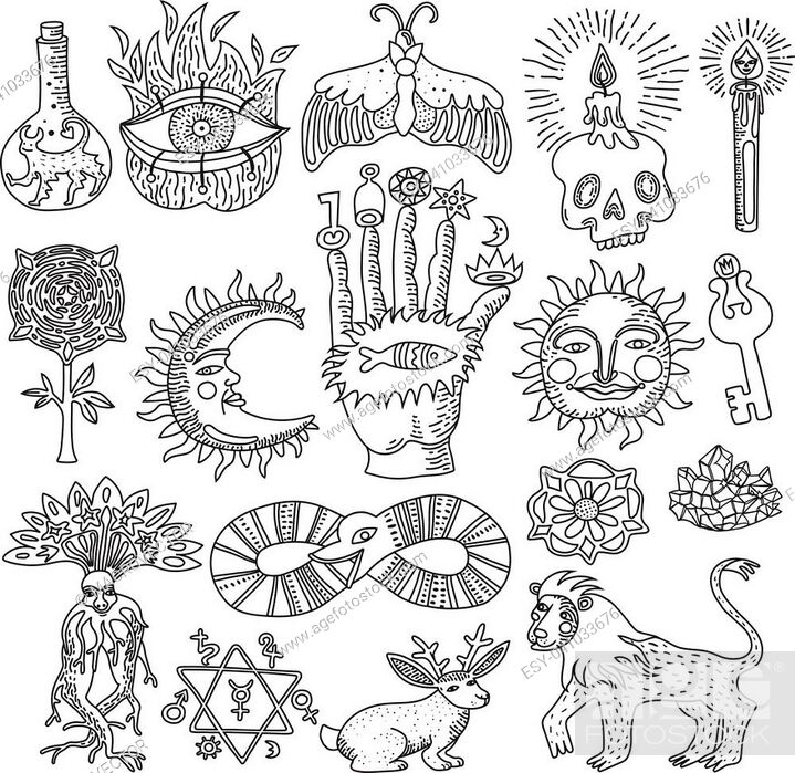 Monochrome doodle set of trendy magic tattoo designs isolated on white  background vector..., Stock Vector, Vector And Low Budget Royalty Free  Image. Pic. ESY-041033676 | agefotostock