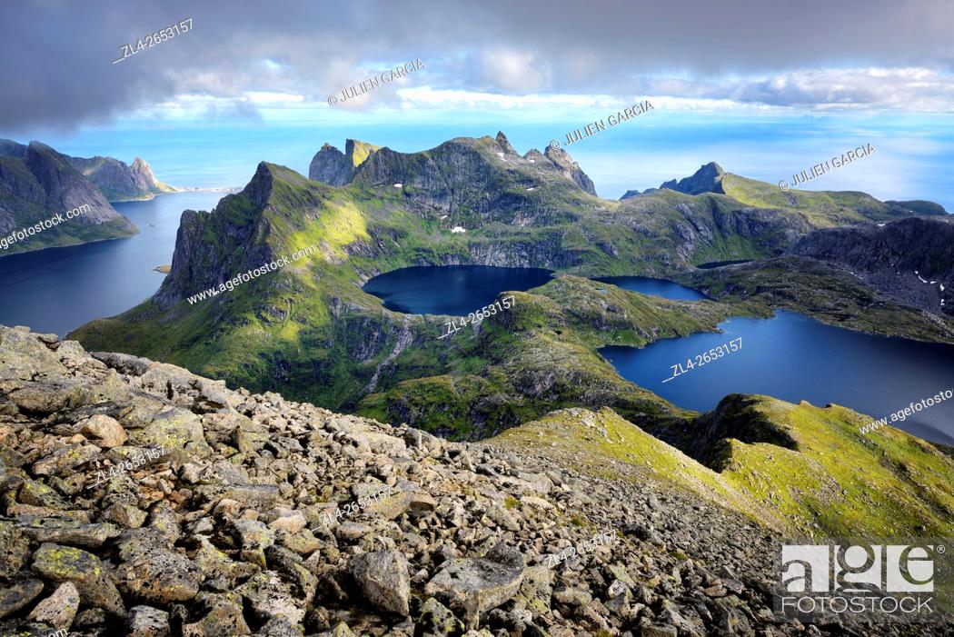 Stock Photo: Norway, Nordland, Lofoten islands, Moskenesoy island, hiking to the summit of Hermannsdalstinden (the highest mountain on the island at 1029m).