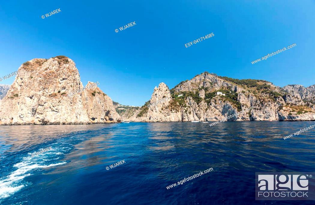 Stock Photo: View from the boat on the cliff coast of Capri Island, Italy.