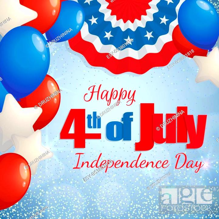 Stock Vector: Happy 4th of July, Independence Day greeting card with baloons and paper patriotic bunting. Happy July Fourth. Vector.