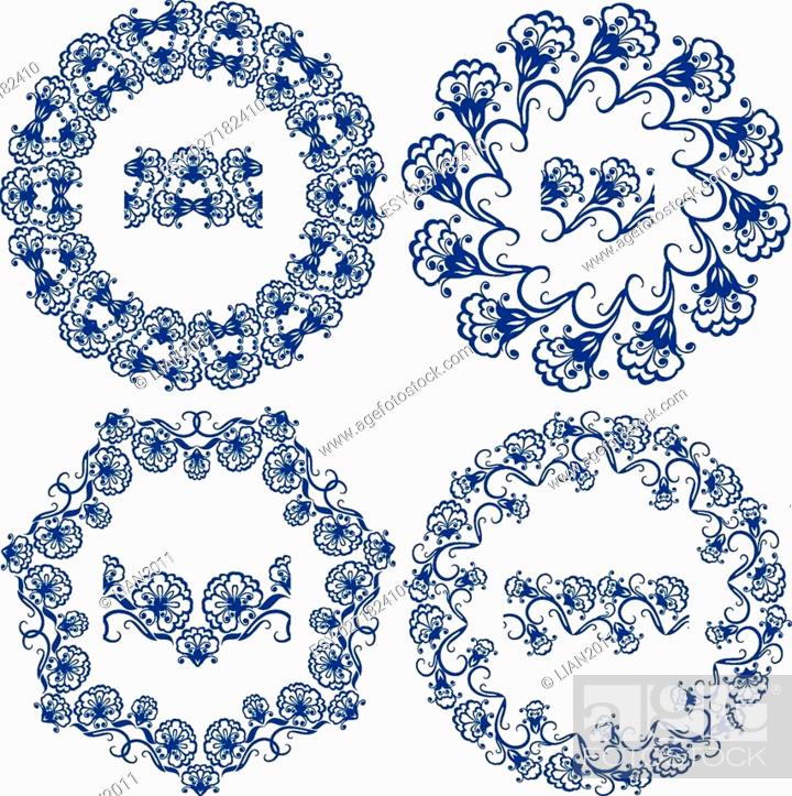 Vector: Set of blue floral circle frames. Background in the style of Chinese painting on porcelain. Ornamental design elements. Pattern endless fragments.