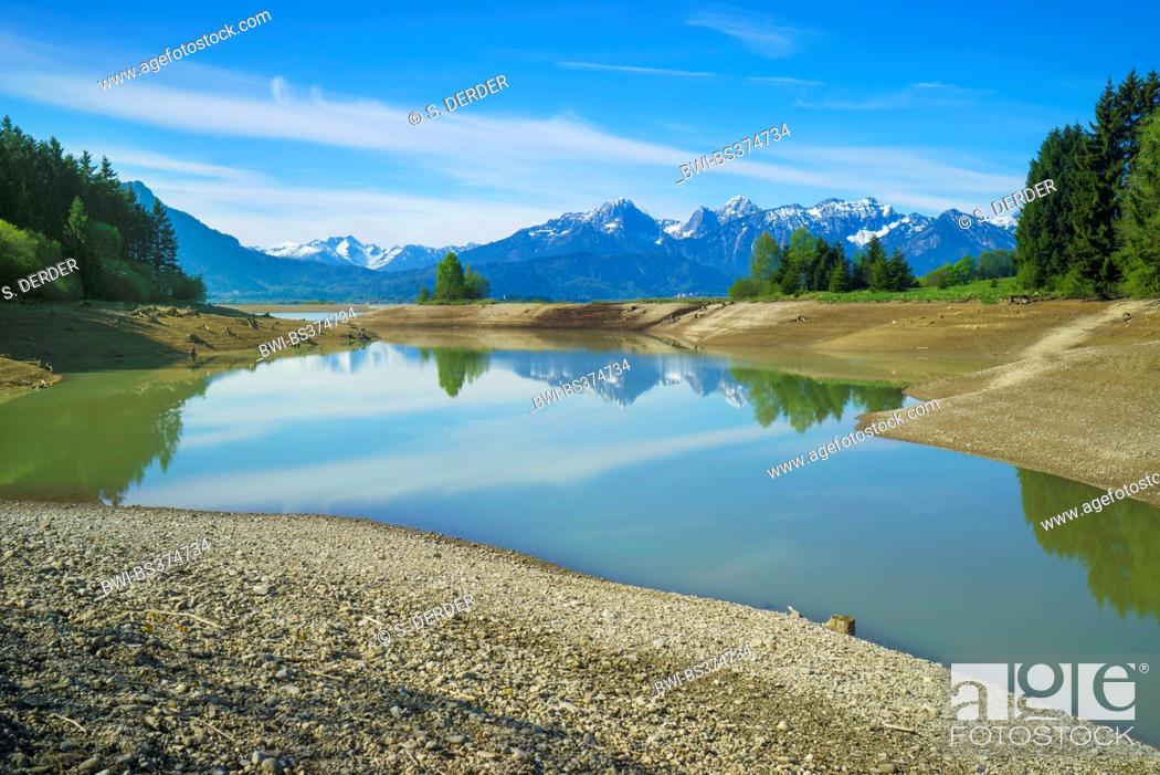 Stock Photo: lake Forggensee, Tannheim Mountains and Ammergau Alps in background, Germany, Bavaria, Oberbayern, Upper Bavaria, Ostallgaeu.