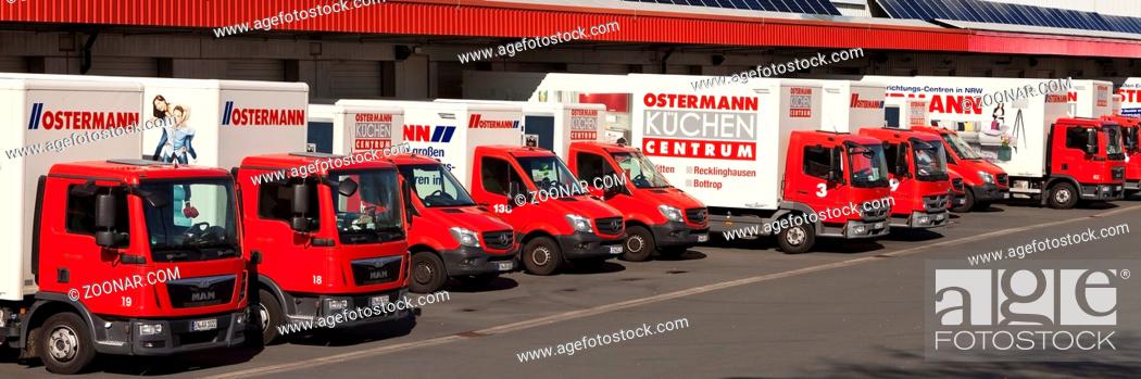 Stock Photo: Moebelhaus Ostermann, alle Auslieferungsfahrzeuge stehen still im Maerz 2020, Corona-Krise, shutdown, Witten, Nordrhein-Westfalen, Deutschland, Europa.