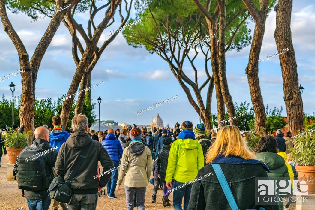 Stock Photo: ROME, ITALY, JANUARY - 2018 - Crowd walkgin at giardino degli aranci park at aventino hill in Rome city, Italy.