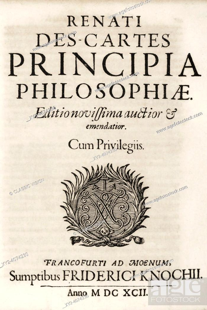 Photo de stock: Title page of a 1692 edition of French philosopher Rene Descarte's Principia philosophiae or Principles of Philosophy, which was first published in 1644.