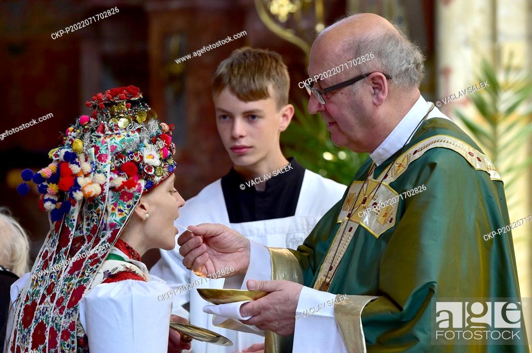 Stock Photo: A mass celebrated by Prague Archbishop and Czech Catholic Primate Jan Graubner, right, in Brno's Basilica of the Assumption of Our Lady on Sunday, July 17, 2022.